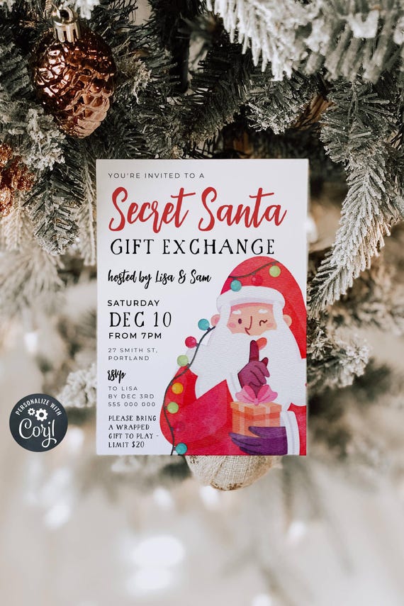 Christmas Secret Santa Invitation Template, Printable Gift Exchange Holiday Invite, Editable Kris Kringle Lights Invite, Digital Download