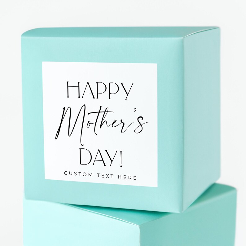 May include: A light blue gift box with a white label that says "Happy Mother's Day!" and "Custom Text Here".