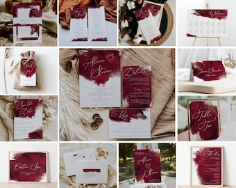 Paquete de plantillas de boda grandes en acuarela burdeos, paquete de boda imprimible en granate y dorado, colección de boda editable, conjunto de invitaciones, #WC2