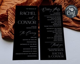 Classic Black Wedding Program Template, Printable Modern Elegant Order of Ceremony, Editable Minimalist Running Sheet, Instant Download, #BW