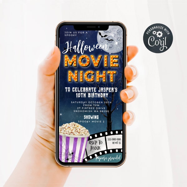 Electronic Halloween Backyard Movie Night Invitation Template, Editable Scary Movie Birthday Party Digital Text Evite, Instant Download, #M1