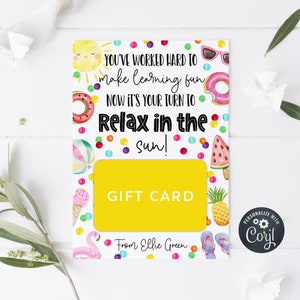 Modèle de porte-cartes cadeau professeur d'été, étiquette-cadeau imprimable pour la sortie de l'école de fin d'année, étiquette d'appréciation modifiable de l'enseignant, téléchargement immédiat
