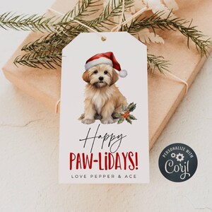 Cute Christmas Puppy Gift Tag Template, Printable Happy Pawlidays Holiday Favor Tag, Editable Cavoodle Dog Present Tag, Instant Download
