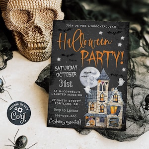 Editable Halloween Party Invitation Template, Printable Haunted House Spooktacular Invite, Costume Party Ghost Bats Invite, Instant Download