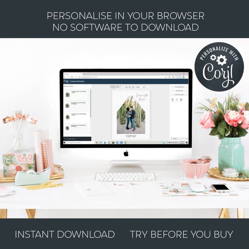 May include: A computer screen displaying a website with a design template for a wedding invitation. The template features a house with a couple standing in front of it. The text "Save the Date" is visible on the template. The website is called "Cori.l" and the text "Personalize with Cori.l" is visible in a circle on the right side of the image.