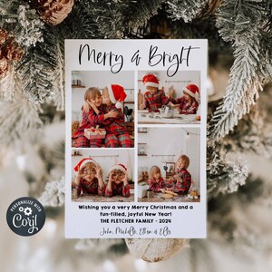 Modèle de carte de vœux photo joyeux et lumineux, carte de Noël moderne minimaliste imprimable, carte Photos de famille simple modifiable, téléchargement immédiat