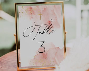 Blush Pink & Gold Baptism Table Number Template, Printable Pink Watercolor Christening Table Numbers, Editable Decor, Digital Download, #PB