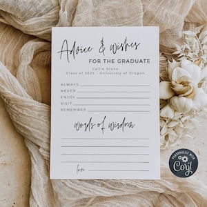 Graduierung Ratschläge und Wünsche Kartenvorlage, druckbare moderne Ratschläge für den graduierten, bearbeitbares Minimal Grad Partyspiel, sofortiger Download #SG