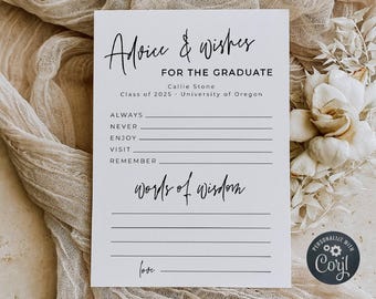 Graduation Advice And Wishes Card Template, Printable Modern Advice For The Graduate, Editable Minimal Grad Party Game, Instant Download #SG