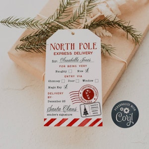 Nordpol Express Lieferung Weihnachten Tag Vorlage, bearbeitbare Weihnachtsgeschenk Tags, druckbar personalisiert von Santa Tags, Sofortiger Download