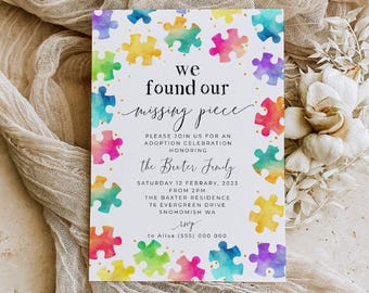 Missing Piece Adoption Announcement Template, Printable New Child Party Invitation, Editable Jigsaw Celebration Cards, Digital Download