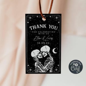 Tarotkaart bruiloft gunst tag sjabloon, afdrukbare skelet The Lovers cadeaukaartjes, bewerkbare gotische Halloween bedankt, instant download, #H9