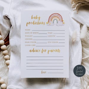 Prédictions et cartes de conseils pour bébé arc-en-ciel, conseils à imprimer pour les parents, baby shower bohème arc-en-ciel, activité de jeu pour la douche, téléchargement immédiat, #BR
