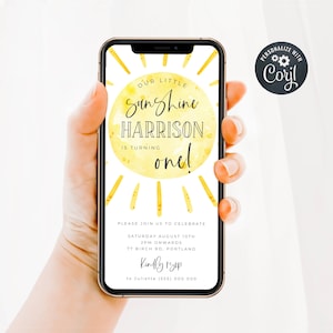 Sunshine Birthday Electronic Invitation Template, Editable First Trip Around The Sun Evite, Sun Smartphone Invite, Instant Download, #S1