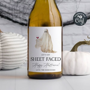Let&#39;s Get Sheet Faced Halloween Wine Bottle Label Template, Printable Ghost Wine Label, Editable Hallowine Sticker, Instant Download, #SF