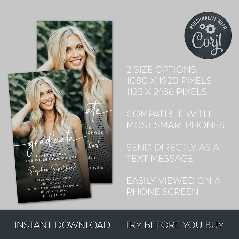 May include: A graduation announcement with a white background and a photo of a woman in a black and white dress. The text reads "graduate" in a white cursive font and "Class of 2024 Fernville High School" in a black font. The announcement also includes the woman's name, the date and time of the graduation ceremony, and the location. The announcement is designed to be sent as a text message.