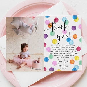 Rainbow Spots Birthday Photo Thank You Card Template, Printable First Birthday Thank You, Editable Party Thank You, Instant Download, #RSB