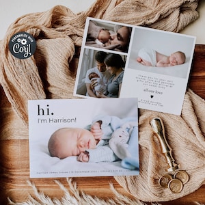 Modèle photo de faire-part de naissance, imprimable Bonjour, je suis un nouveau-né bébé carte de remerciement, faire-part de naissance moderne modifiable, téléchargement immédiat