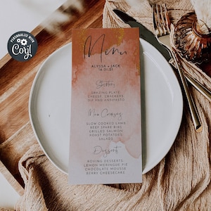 Modèle de Menu de mariage aquarelle rouille et or, décoration de table de mariage imprimable, menu bohème modifiable en terre cuite cuivre, téléchargement immédiat, #WC3