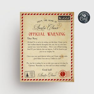 Modelo de Carta de Aviso Vintage Editável do Papai Noel, Aviso Oficial do Correio do Elfo do Pólo Norte para Imprimir, Carta de Mau Comportamento, Download Instantâneo