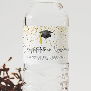 Graduation Water Bottle Label Template, Printable Modern Confetti Hat Water Bottle Wraps, Editable Graduate Favors, Instant Download, #GC