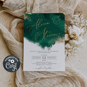 Emerald Watercolor Wedding Invitation Template, Printable Hunter Green Gold Wedding Invite, Editable Modern Wedding, Instant Download, #WC4