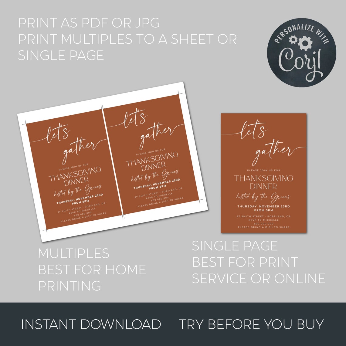 T1 Invite Terracotta Thanksgiving Invitation Template, Printable Modern ...