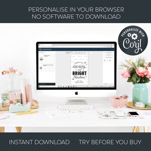 May include: A computer screen displaying a website with a design template for a Christmas card that says "Wishing you a merry and bright Christmas". The website is called "Coril" and allows users to personalize the design.