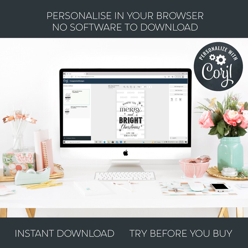 May include: A computer screen displaying a website with a design template for a Christmas card that says "Wishing you a merry and bright Christmas". The website is called "Coril" and allows users to personalize the design.