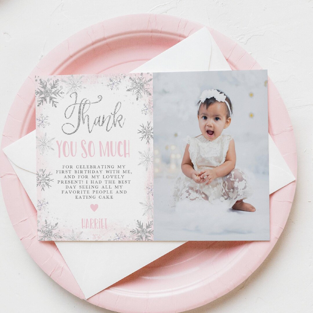 Editable Winter Onederland Pink Birthday Photo Thank You Card Template ...