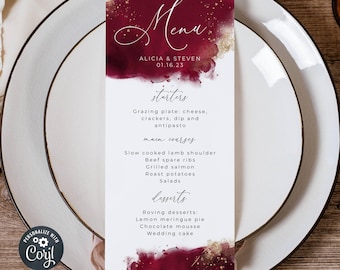 Burgundy Watercolor Menu Template, Printable Maroon & Gold Wedding Table Menu Cards, Editable Modern Dinner Menus, Instant Download, #WC2