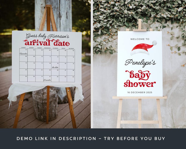 Santa Baby Shower Template Bundle, druckbares Weihnachtsduschpaket, bearbeitbares Weihnachtsmann Hut Duschset, digitaler Download, #CS Bild 4