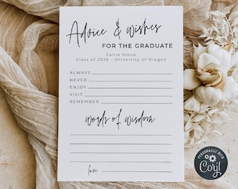 Graduation Advice & Wishes Card Template, Printable Modern Advice For The Graduate, Editable Minimal Grad Party Game, Digital Download, #SG