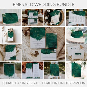 Smaragd Aquarell Großes Hochzeitsvorlagen Set, druckbares Jägergrün & Gold Hochzeitsset, bearbeitbare Hochzeitskollektion, Einladungsset #WC4