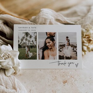 May include: A rectangular white thank you card featuring the text Shyrah & Tate January 12, 2026 at the top and the handwritten script Thank you with a small heart symbol at the bottom, displaying three photographic images of a couple.