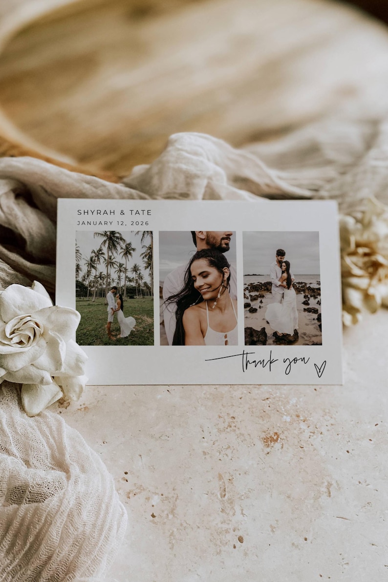 May include: A rectangular white thank you card featuring the text Shyrah & Tate January 12, 2026 at the top and the handwritten script Thank you with a small heart symbol at the bottom, displaying three photographic images of a couple.