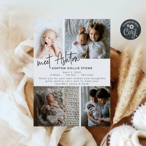 Birth Announcement Template, Printable Newborn Baby Thank You Cards, Editable Meet Baby Cards, Modern Introducing Baby, Instant Download