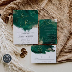 Emerald aquarel bruiloft uitnodiging sjabloon, afdrukbare jagersgroen en gouden trouwsuite, bewerkbare moderne RSVP, instant download #WC4
