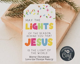 Jesus Is The Light Of The World Christmas Gift Tag Template, Printable Holiday String Lights Tag, Editable Religious Tag, Digital Download