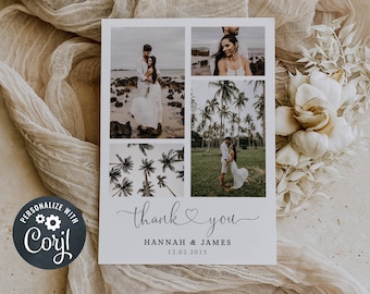 Editable Photo Thank You Card Template, Printable Modern Hearts Wedding Thank You, Minimalist Boho Thank You Card, Instant Download, #HF