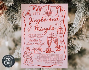 Op de afbeelding: Roze uitnodiging voor een kerstfeest met rode tekst en illustraties. De uitnodiging luidt "Let's Jingle and Mingle" en bevat details voor een feest, inclusief datum, tijd en locatie.