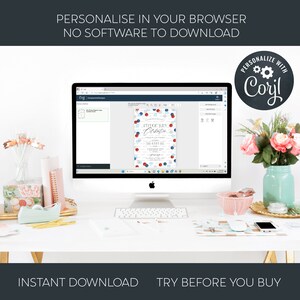 May include: A desktop computer displays a customizable invitation design for a 4th of July celebration. The screen shows a template with red, white, and blue accents. Text at the top reads "PERSONALISE IN YOUR BROWSER NO SOFTWARE TO DOWNLOAD". The design is editable with Corjl.
