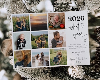 2026 Photo Collage Holiday Card Template, Printable Modern Christmas Card, Editable Minimalist What A Year Holiday Card, Digital Download