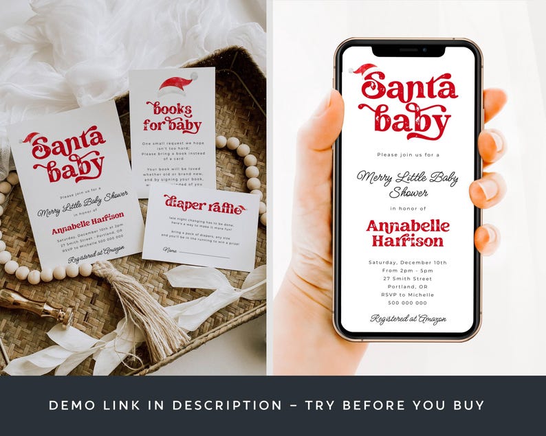 Santa Baby Shower Template Bundle, druckbares Weihnachtsduschpaket, bearbeitbares Weihnachtsmann Hut Duschset, digitaler Download, #CS Bild 3
