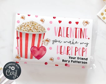Valentine's Day Popcorn Wrapper Template, Printable You Make My Heart Pop Microwave Popcorn Wrap, Editable Class Valentine, Instant Download