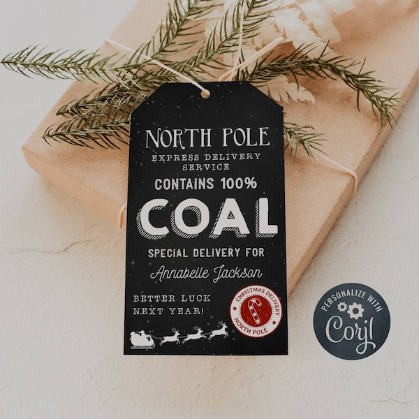 Editable Christmas Coal Gift Tag Template, Printable North Pole Express Delivery Favor Tag, Lumps of Coal Chalkboard Tag, Instant Download