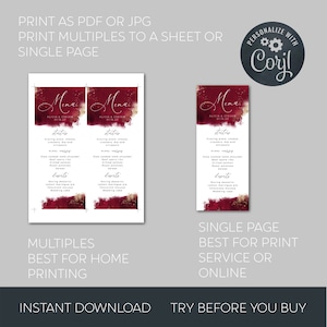 Burgundy Watercolor Menu Template, Printable Maroon &amp; Gold Wedding ...