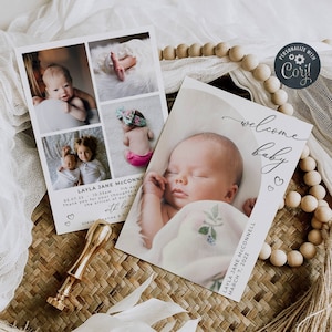 Moderne gewölbte Geburtsanzeige Vorlage, bearbeitbare Bogen Foto Neugeborenen Karten, druckbare Baby Danke, minimalistische Herzen, Sofort Download