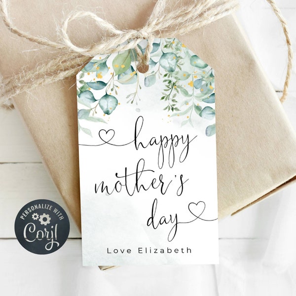 Mother's Day Gift Tag Template, Printable Mothers Day Favor Tag, Eucalyptus Greenery & Gold Tag, Editable Heart Tag, Instant Download