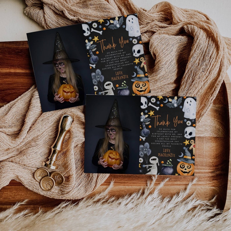 Halloween Birthday Photo Thank You Card Template, Printable Kids Spooky ...
